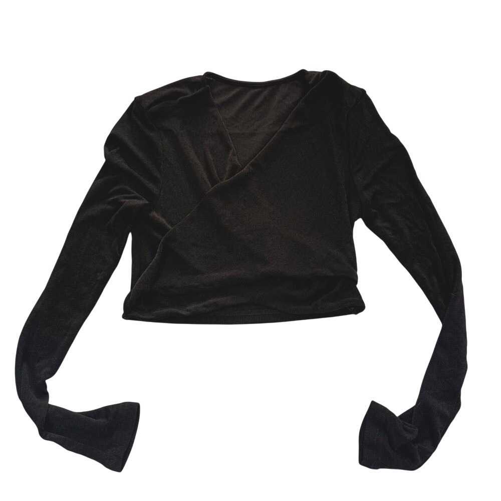 Shein Black Long Sleeve Surplice Wrap Front Ribbed Crop Top XS 6176203